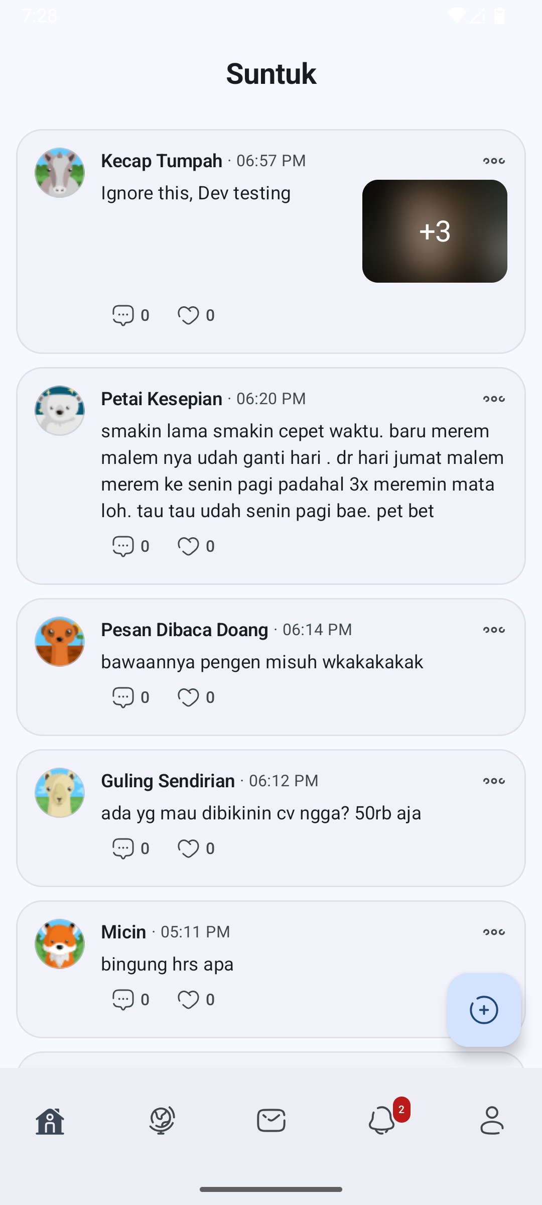 Timeline Suntuk menampilkan post dari pengguna dengan nama anonim